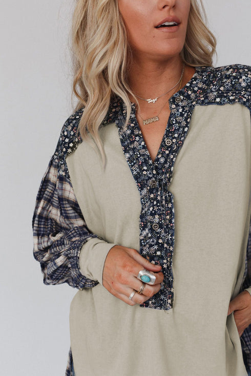 Floral Plaid Mixed Print Bishop Sleeve Patchwork Top